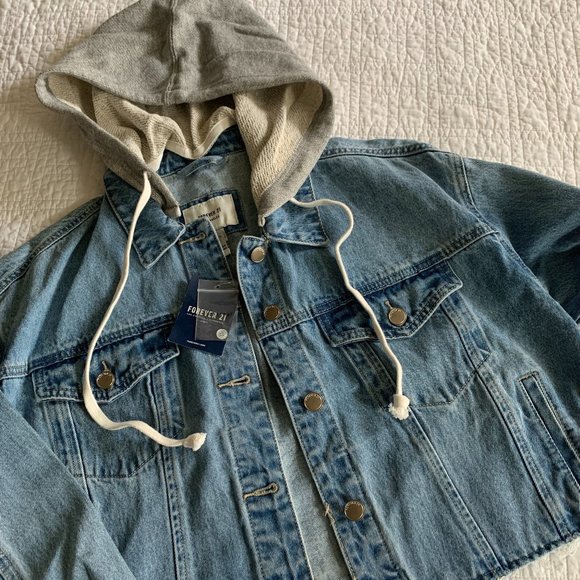 NWT Forever 21 Cropped Denim Jean Jacket, Sweatshirt Terry Removable Hood, sz L - Picture 1 of 5